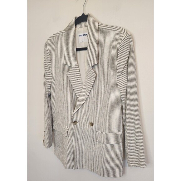 Old Navy Blazer Blue Stripe Linen Blend Medium Double Breasted Nautical NWT - Picture 2 of 11